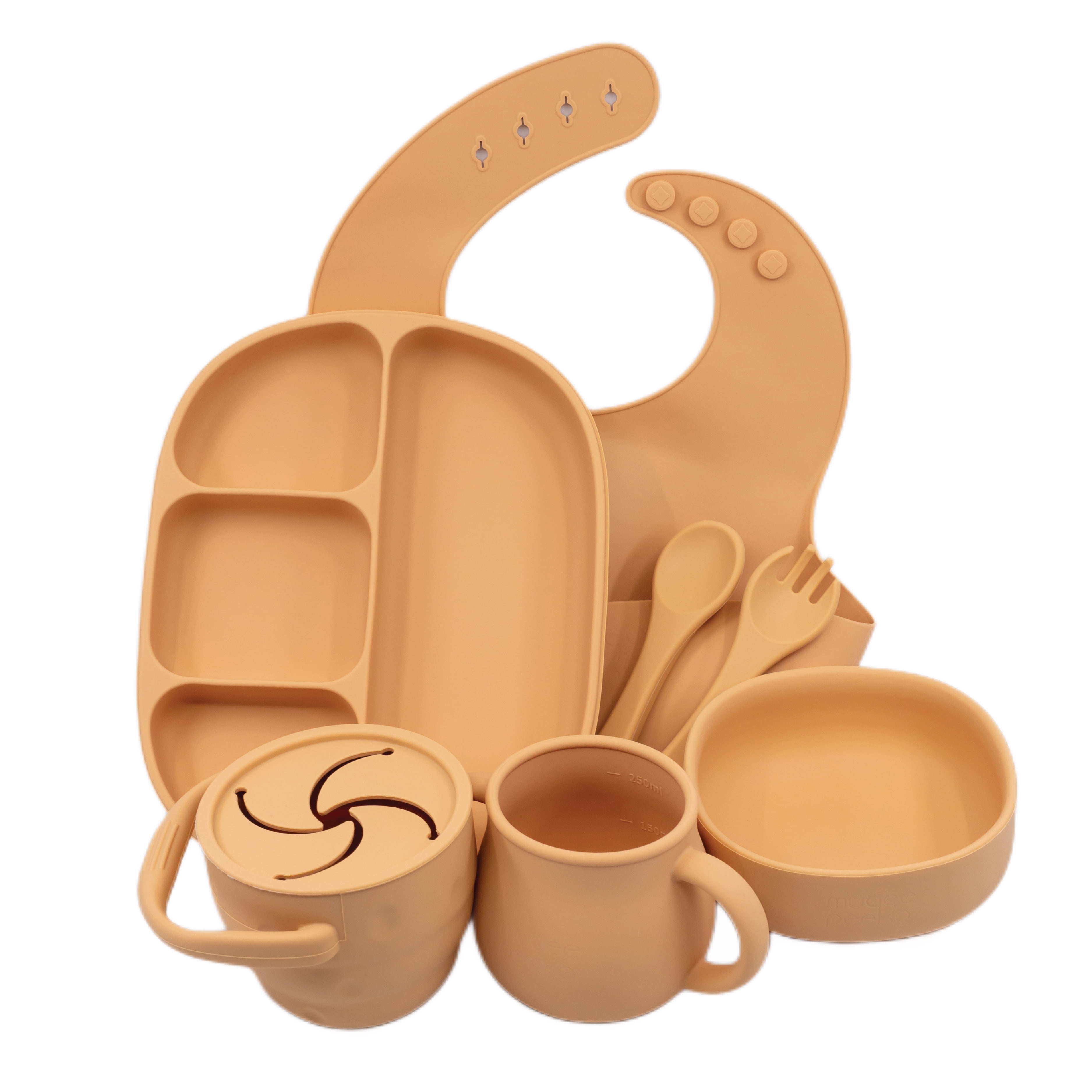 Muqee Peeko Feeding Supplies for Toddlers Silicone with suction - 7 Piece Set in Baby Apricot Color - Baby feeding spoon plate and bowl for first stage with suction
