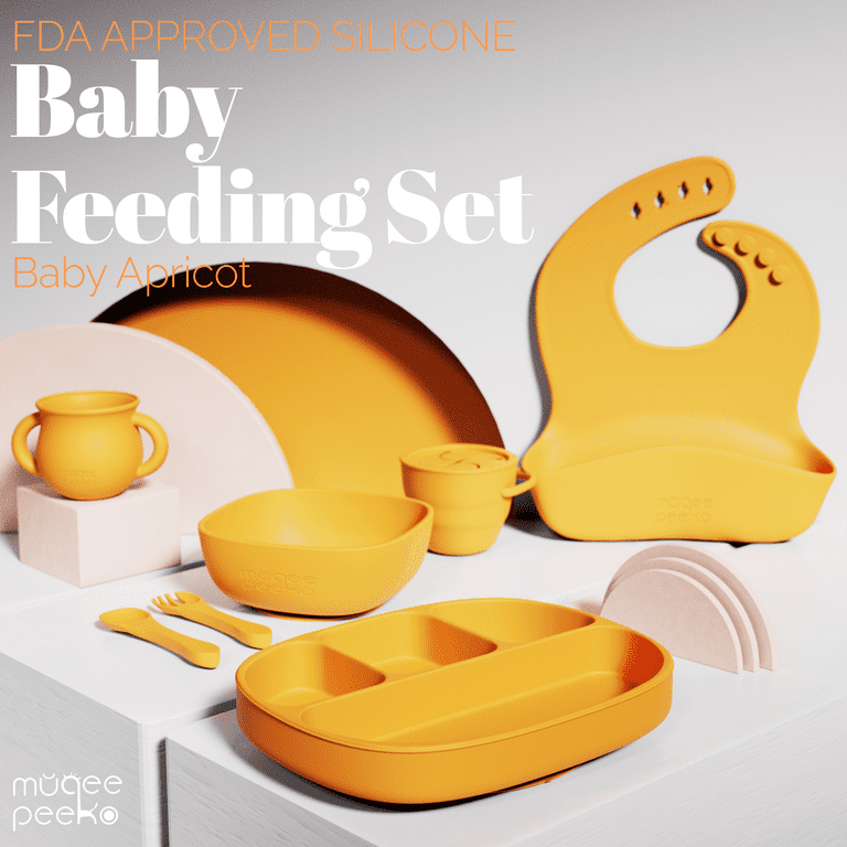 Muqee Peeko Feeding Supplies for Toddlers Silicone with suction - 7 Piece  Set in Baby Apricot Color - Baby feeding spoon plate and bowl for first
