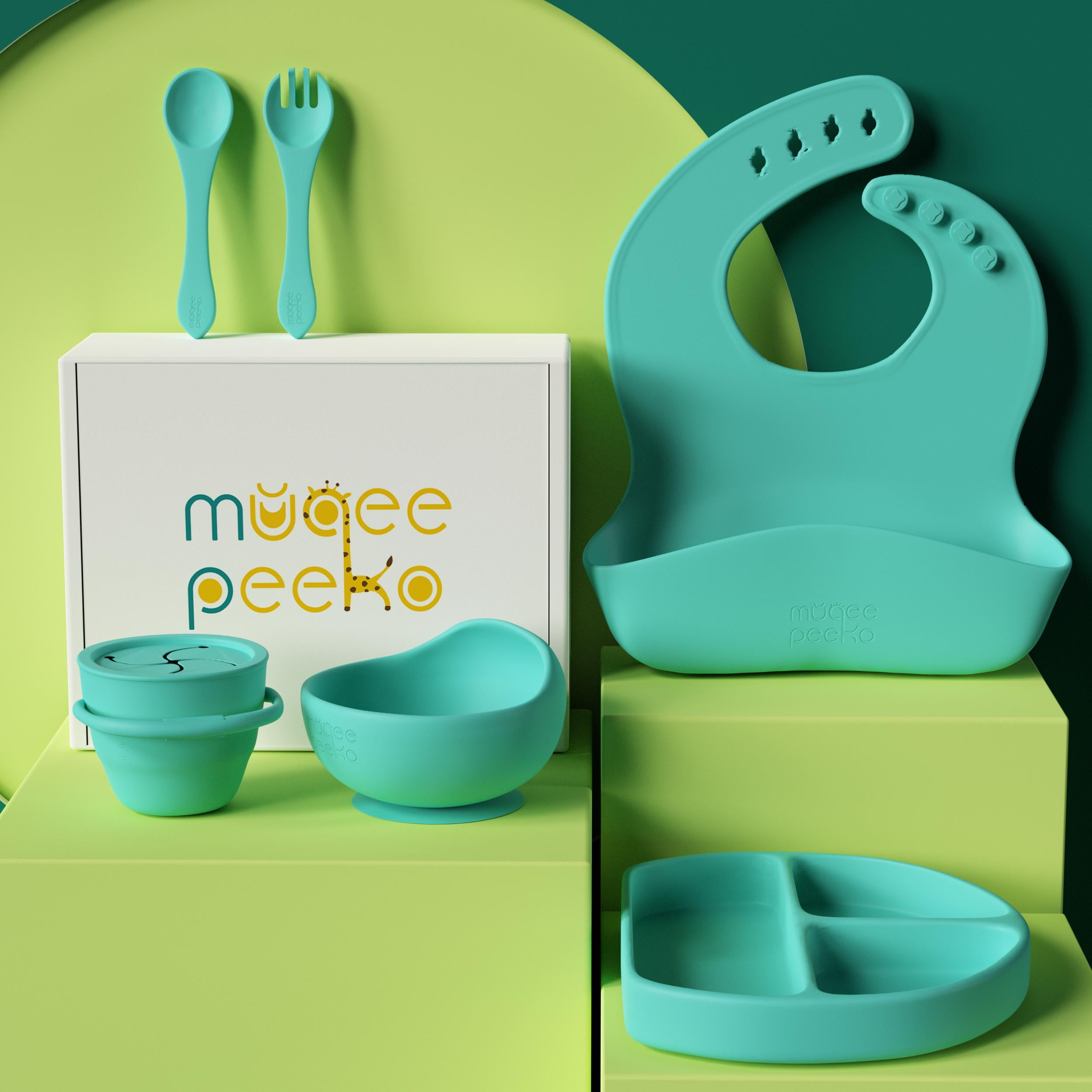Muqee Peeko Warm Vanilla Baby Feeding Set - Toddler Self-Eating Plate Set  with Utensils - Suction Divided Plate, Food Bowl with Spoon, Fork -  Silicone Bib, Training Cup - Dishwasher-Safe (6 Piece