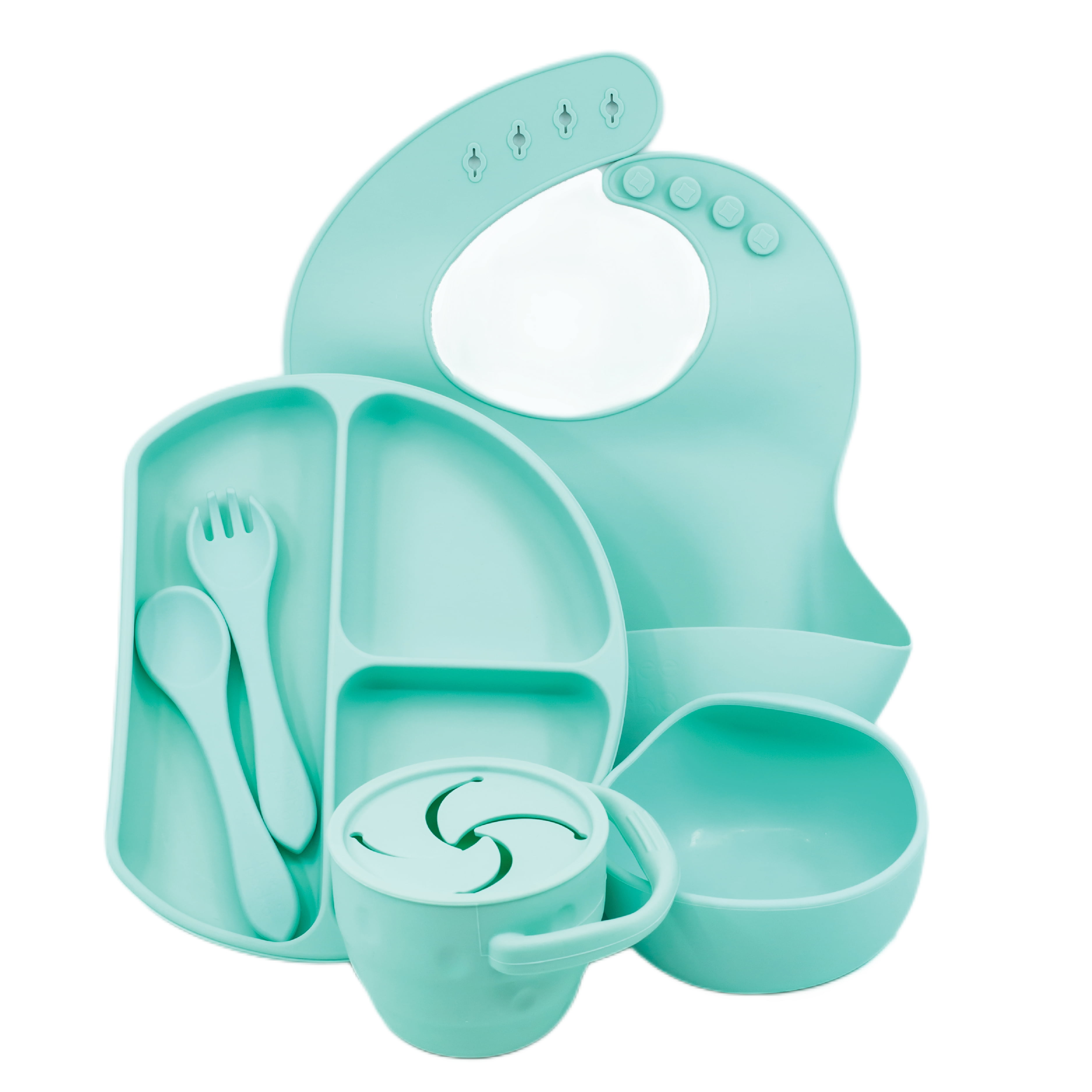 Muqee Peeko Minty Green Silicone Baby and Toddler Feeding Set - Plate Set with Utensils (6 Piece Set)