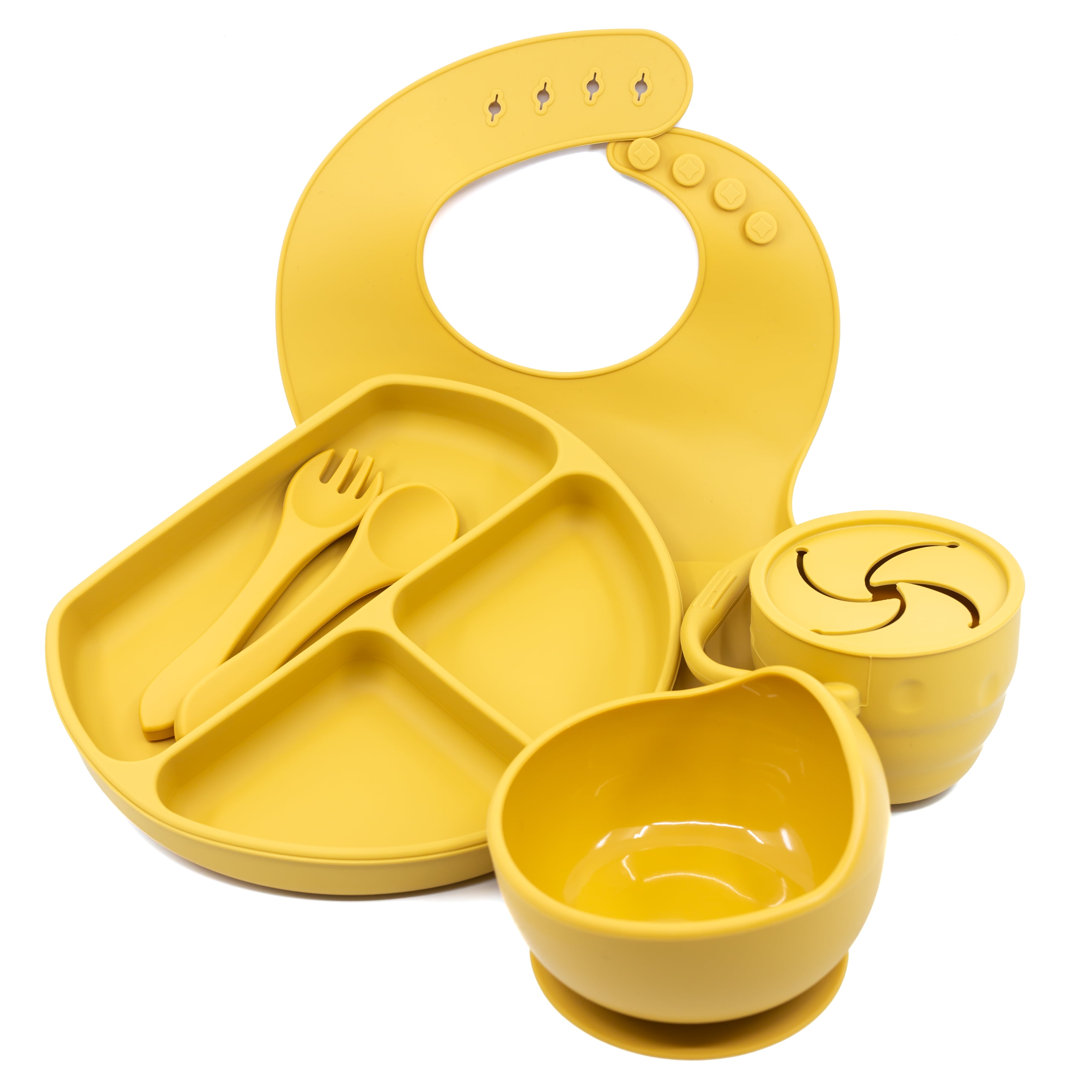 Muqee Peeko Mustard Yellow Silicone Baby and Toddler Feeding Set - Plate Set with Utensils (6 Piece Set)