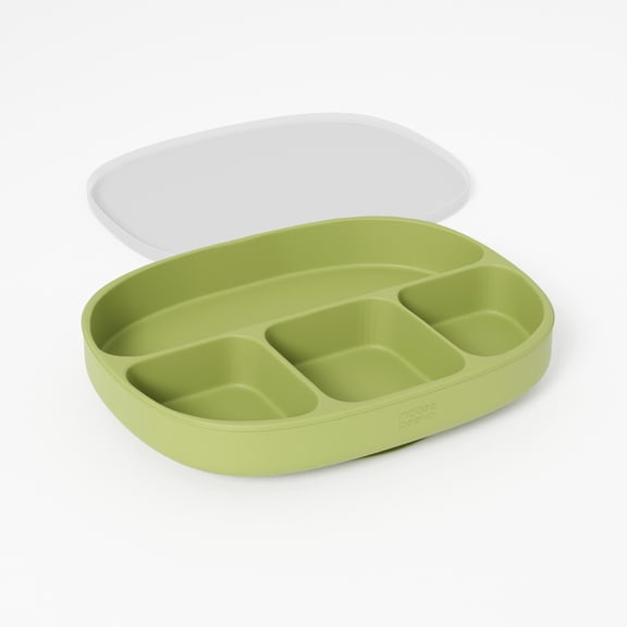 Muqee Peeko Plate with Suction and Lid in Pea Pod Green Color - Infant Dish from FDA Approved Silicone