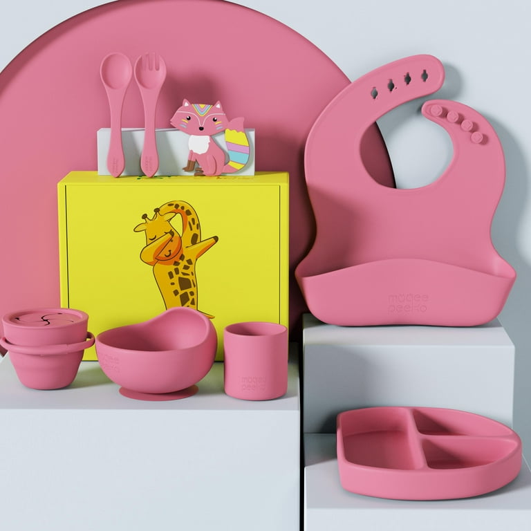 Muqee Peeko Turkish Pink Silicone Baby and Toddler Self-Eating Food Plates  Set with Utensils (8 Piece Set) 