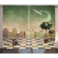 thumbnail image 1 of Mural Curtains 2 Panels Set, Computer Graphic Design of Puppy Staring at a Toy Plane on Checkered Patterned Ground, Window Drapes for Living Room Bedroom, 108W X 84L Inches, Multicolor, by Ambesonne, 1 of 3
