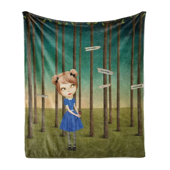 Mural Soft Flannel Fleece Throw Blanket, Blond Girl Got Lost in the Forest Following the Wooden Direction Signs on Trees, Cozy Plush for Indoor and Outdoor Use, 60" x 80", Multicolor, by Ambesonne