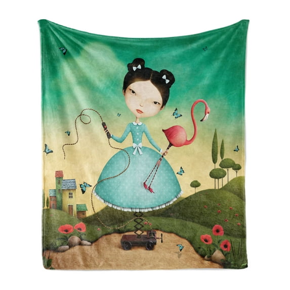 Mural Soft Flannel Fleece Throw Blanket, Fictional Scene of Little Girl with Blue Polka Dotted Dress Holding a Flamingo Toy, Cozy Plush for Indoor and Outdoor Use, 50" x 60", Multicolor, by Ambesonne