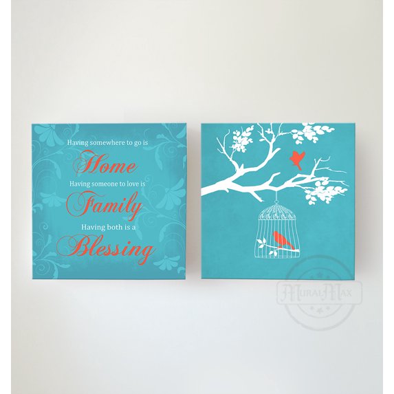 MuralMax Home Family Blessing Inspirational Bible Verse - Canvas Lovebird Tree Wall Decor - Memorable Gifts For Mom, Dad, Grandma & Grandpa Parties - Color Aqua Set of 2 - Size-20x20