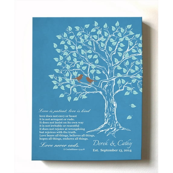 MuralMax Personalized Anniversary Family Tree Artwork - Love is Patient Love Is Kind Bible Verse - Unique Wedding & Housewarming Canvas Wall Decor Gifts - Color Teal # 2 - Size - 8x10