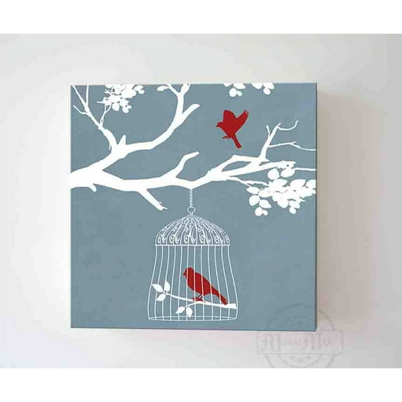MuralMax Unique Birdcage Family Tree Canvas Wall Decor - Modern Artwork Gifts For Your Home - Mom, Dad, Grandma, Grandpa, memorable Birthday Presents - Color Silver Blue - Size-20x20