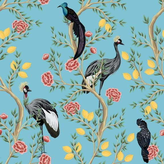 MuralsPrint Exotic Chinoiseries Peacock Peel and Stick Floral Wallpaper, Removable Wallpaper 10'L x 24''W