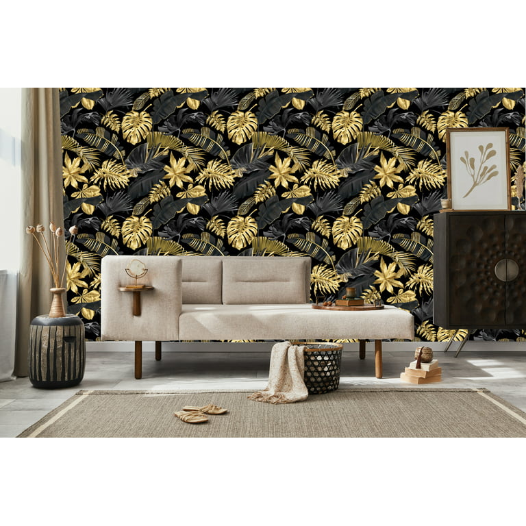 Golden Exotic Leaves Removable Wallpaper - 10'ft H x 24''inch W