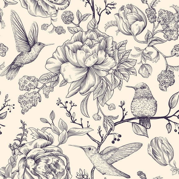 MuralsPrint Vintage Peonies with Summer Birds Wallpaper - 10'ft H x 24''inch W