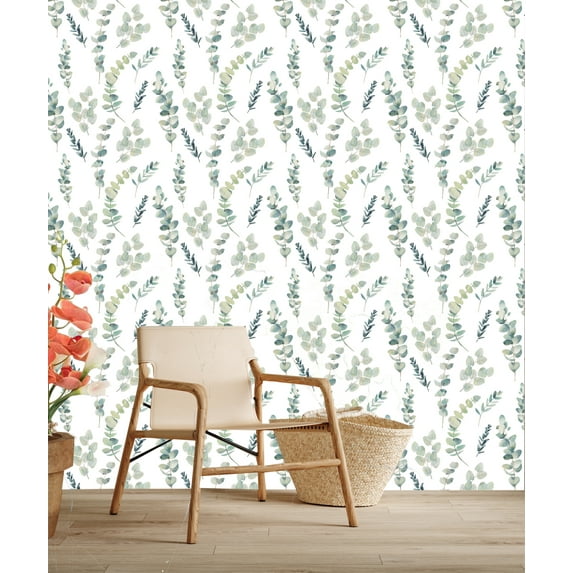 MuralsPrint Watercolor Eucalyptus Peel and Stick Wallpaper, Green and White Removable Wallpaper, 10' L x 24'' W