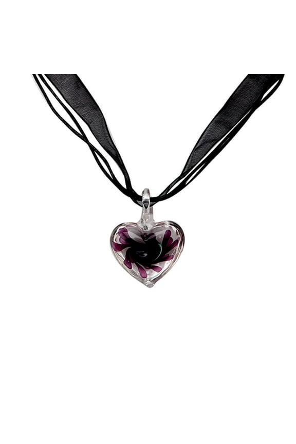 Murano Glass Pendant Necklace Purple Heart Flowers Ribbon Chain