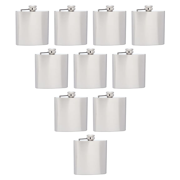 Murano Stainless Steel Hip Flasks 6 oz. Set of 10, Bulk Pack - Screw on Cap, Great for Wedding Party Gifts, Groomsmen Gifts, Outdoor Activities - Silver