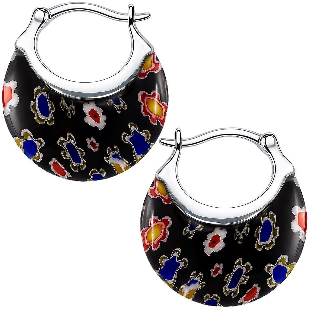 Murano Style Glass Black Hoop Earrings for Women - Flower Stainless Steel Dangle Fun Earrings - Glass Jewelry Anniversary Birthday Christmas Gifts 11.6 Gms