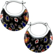 SHOP LC Murano Style Glass Black Hoop Earrings for Women - Flower Stainless Steel Dangle Fun Earrings - Glass Jewelry Anniversary Birthday Christmas Gifts 11.6 Gms