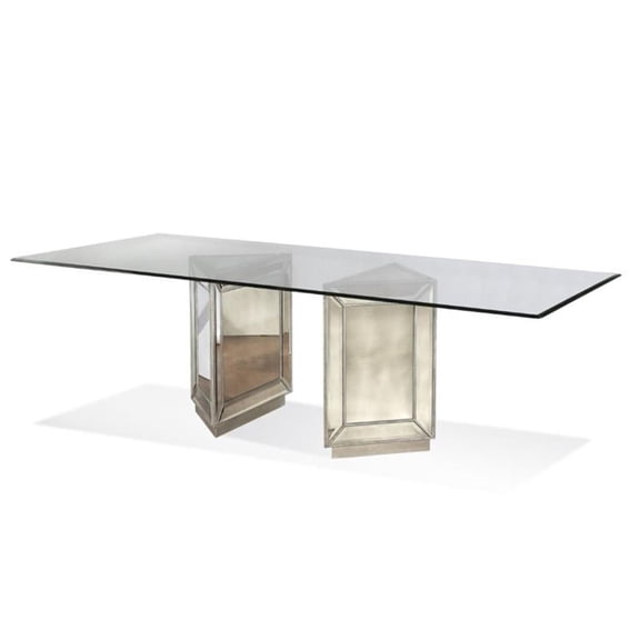 Murano Wood Double Pedestal Dining Table in Silver Leaf with Glass Top