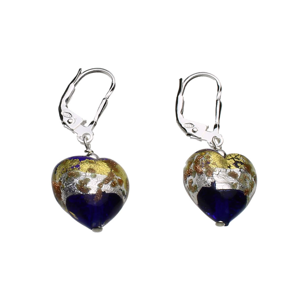 Murano-style Aqua Glass Heart Sterling Silver Leverback Earrings