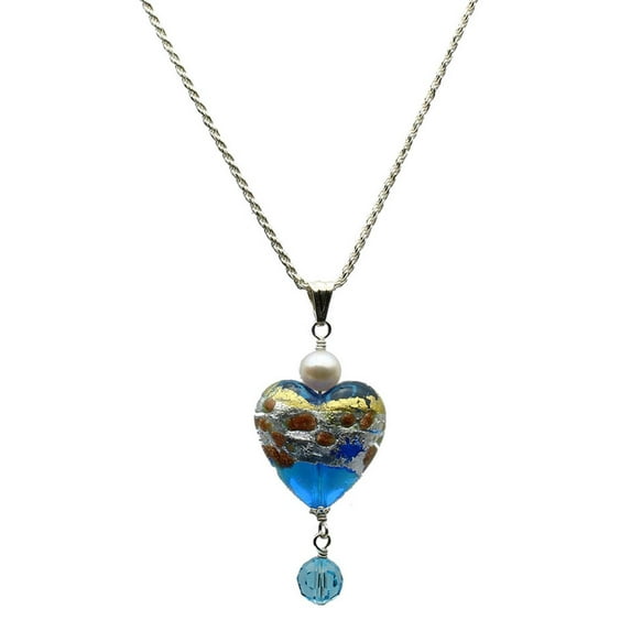 Murano-style Glass Heart Pendant Sterling Silver Diamond-Cut Rope Chain Necklace, 20"