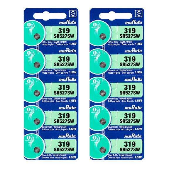 Murata 319 SR527SW Battery 1.55V Silver Oxide Watch Button Cell - Replaces Sony 319 (10 Batteries)