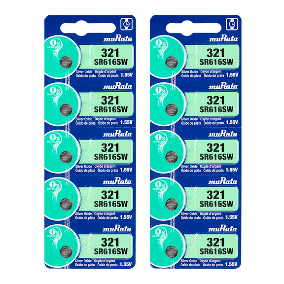Murata 321 SR616SW Battery 1.55V Silver Oxide Watch Button Cell - Replaces Sony 321 (10 Batteries)