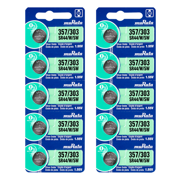Murata 357/303 SR44/W/SW Battery 1.55V Silver Oxide Watch Button Cell - Replaces Sony 357/303 (10 Batteries)