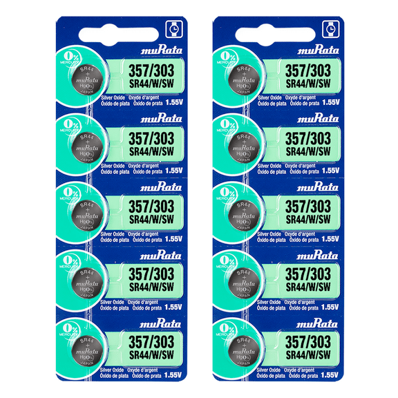 Murata 357/303 SR44/W/SW Battery 1.55V Silver Oxide Watch Button Cell - Replaces Sony 357/303 (10 Batteries)