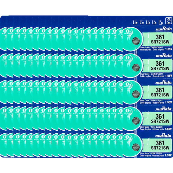 Murata 361 SR721W Battery 1.55V Silver Oxide Watch Button Cell - Replaces Sony 361 (100 Batteries)