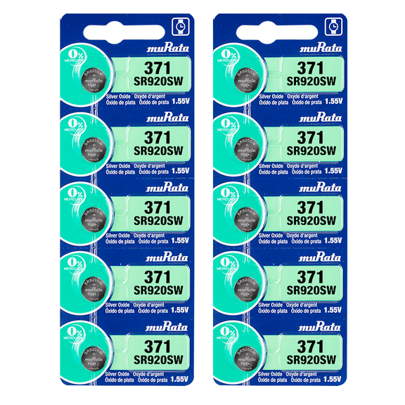 Murata 371 SR920SW Battery 1.55V Silver Oxide Watch Button Cell - Replaces Sony 371 (10 Batteries)