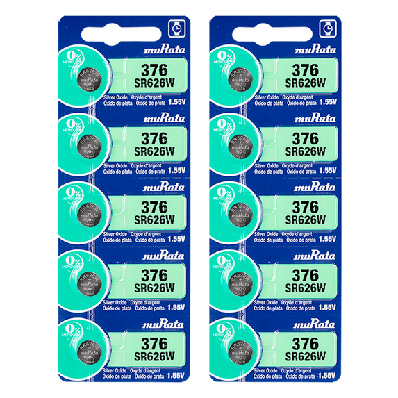 Murata 376 SR626W Battery 1.55V Silver Oxide Watch Button Cell - Replaces Sony 376 (10 Batteries)