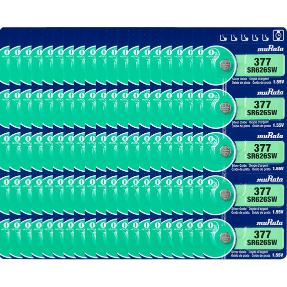 Murata 377 SR626SW Battery 1.55V Silver Oxide Watch Button Cell - Replaces Sony 377 (100 Batteries)
