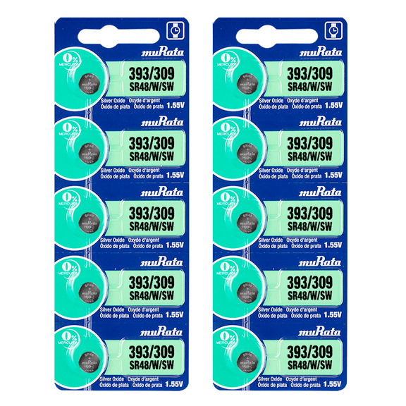 Murata 393/309 SR48/W/SW Battery 1.55V Silver Oxide Watch Button Cell - Replaces Sony 393/309 (10 Batteries)