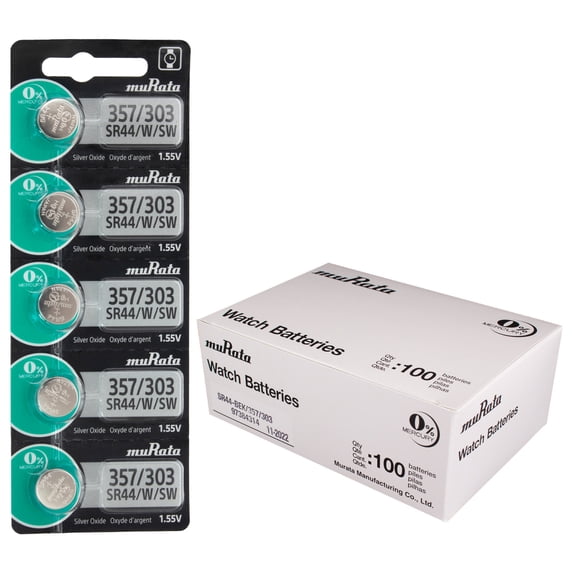 Murata Battery, Silver Oxide 303, 357, AG13, or SR44 1.5 Volt Batteries (1000 Wholesale Pack)