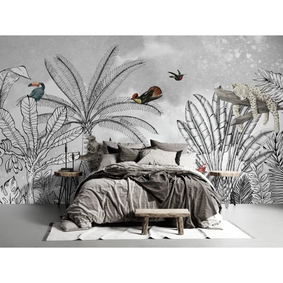 Muravie Colored Animals Wallpaper with Pencil Drawing Tropical Trees