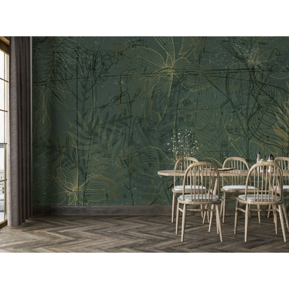Muravie Dark Green Flower Silhouette Wallpaper