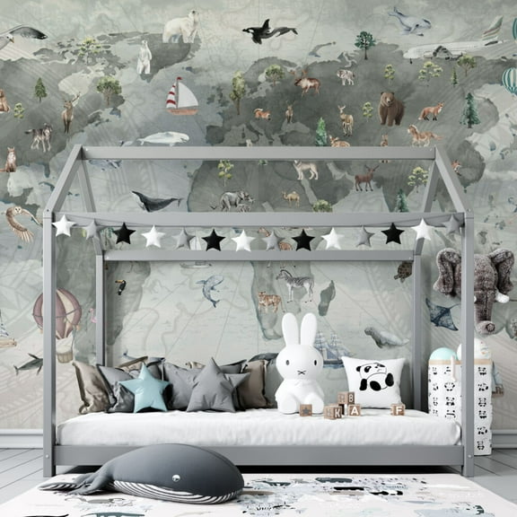 Muravie Kids World Map with Animals and Compass Wallpaper