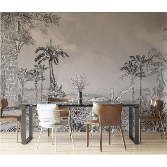 Muravie Tropical Pattern 3D Wallpaper with Black and White Charcoal Pencil