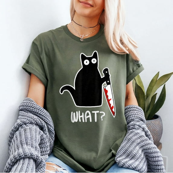 Murder Cat Black Cat Murderous with Knife Halloween Costume T-Shirt, Fullsizes S-5XL Multicolors T-Shirt