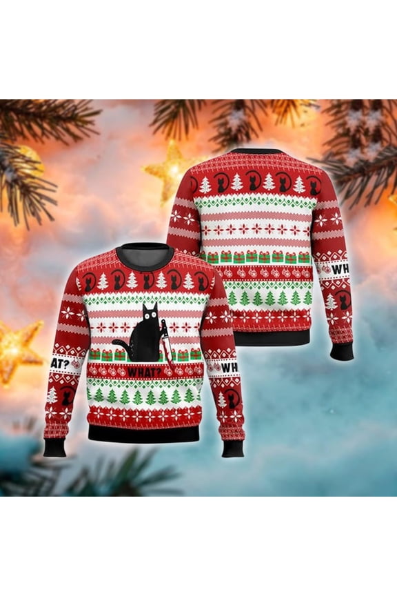 Murder Cat What 3D Christmas Sweater, Funny Black Cat Meme Xmas Jumper, Sarcastic Holiday Sweatshirt, Gift For Cat Mom