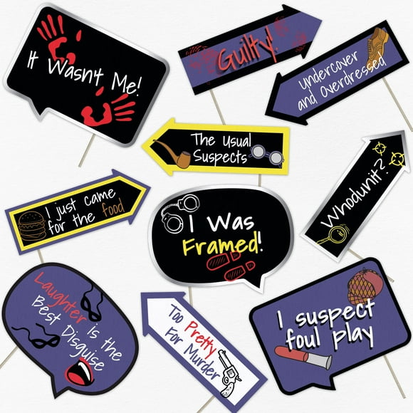 Murder Mystery Party Photo Booth Props - Top Secret Detective Spy-Themed Party Decorations - Selfie Props with Sticks - 10pcs