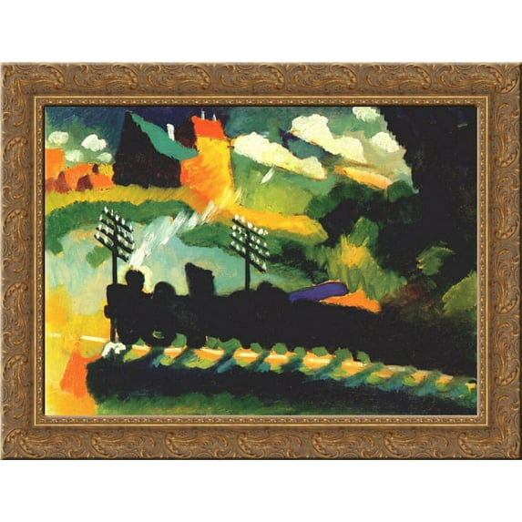 Murnau view with railway and castle 24x18 Gold Ornate Wood Framed Canvas Art by Wassily Kandinsky