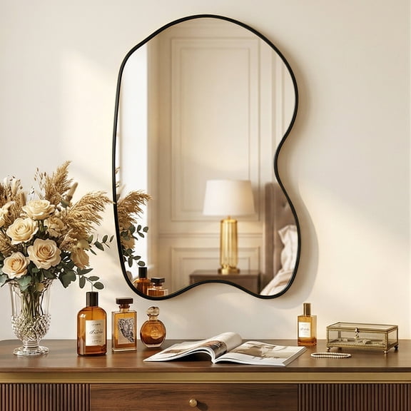 MuroPanel 20"x32" Irregular Wall Mirror for Wall, Black Curved Asymmetrical Bathroom Mirror for Vanity