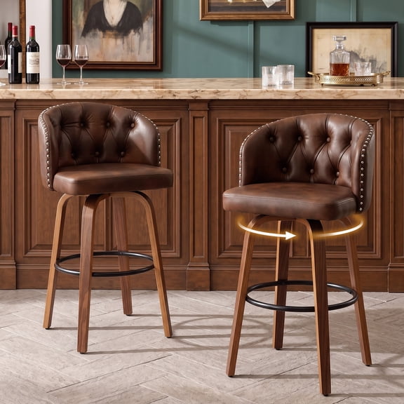 MuroPanel 28" Bar Stools with Back Set of 2, Swivel Leather Farmhouse Stools with Wood Legs, Brown