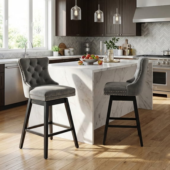 MuroPanel 30" Swivel Bar Stools Set of 2, Modern Gray Velvet Upholstered Bar Chairs with Back
