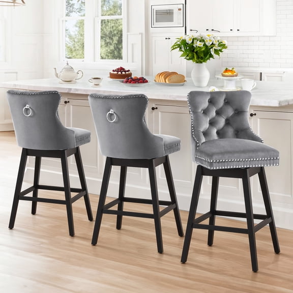 MuroPanel 30" Swivel Bar Stools Set of 3, Modern Gray Velvet Upholstered Bar Chairs with Back
