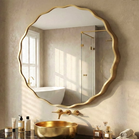 MuroPanel 32" Large Round Mirror, Gold Wall Mirror with Wavy Frame for Bathroom Vanity