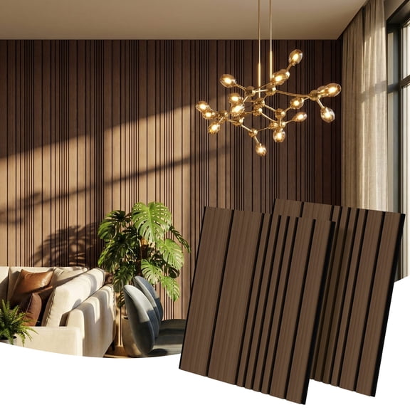 MuroPanel Dynamic Linear Acoustic Wood Slat Wall Tiles 4-Pack 24"x24", Modern Walnut 3D Wall Panels