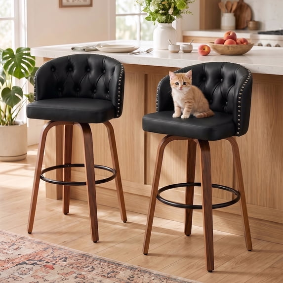 MuroPanel Swivel Counter Height Bar Stools with Back Set of 2, 26" Farmhouse Leather Chairs for Kitchen Island, Black