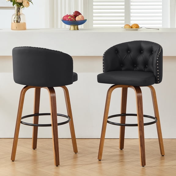 MuroPanel Swivel Counter Height Bar Stools with Back Set of 2, 26" Farmhouse Leather Chairs for Kitchen Island, Black